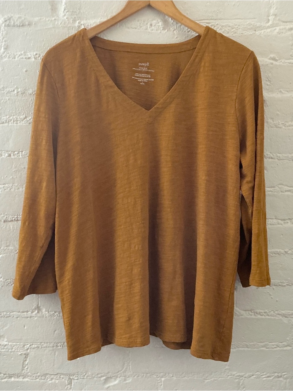 Pure Jill Organic Cotton Slub Tee 3/4 Sleeve V-Neck Pullover Top Size L Petite